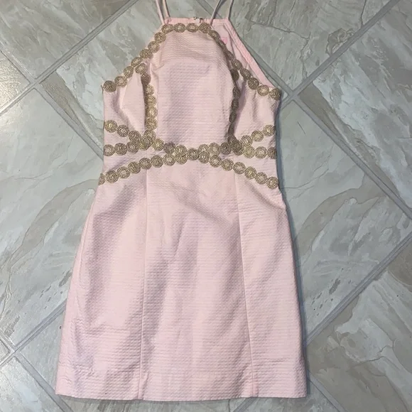 Pearl Shift Dress Paradise Tint Pink Halter Gold Lace - Picture 2 of 7